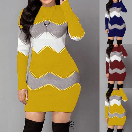Women Autumn O Neck Long Sleeve Color Block Bodycon Warm Mini Sweater Dress