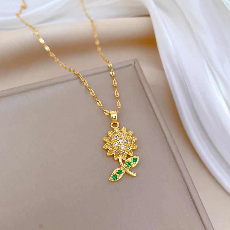 Лист Подсолнух Легкая Роскошь Темперамент Великолепное Полностью Алмазное Ожерелье Женское Универсальная Цепочка на Ключицу Титановая Стальная Цепочка