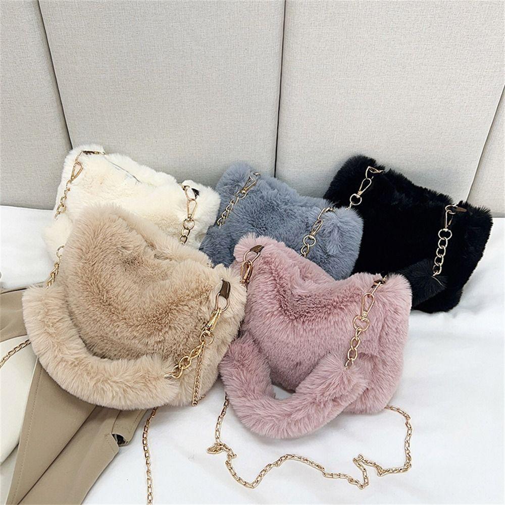 Women Fluffy Shoulder Bags Female Winter Chain Underarm Bag Solid Color Handbag Soft Plush Handle Bag