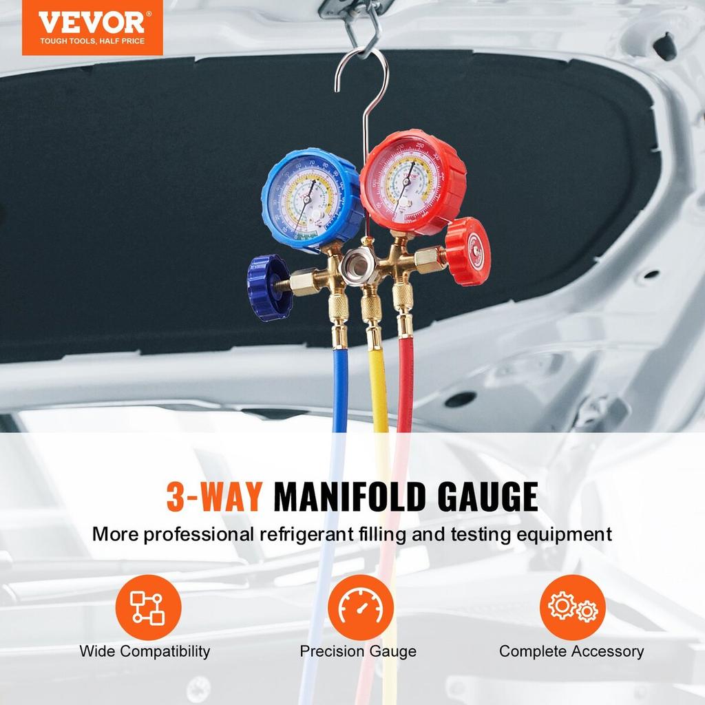 3-Way AC Diagnostic Manifold Gauge Set Fits for R134A, R22, R12, R502 Refrigerant, AC Gauge Set with 5 ft Hoses, Couplers, Can Tap for Car A/C System