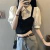 Retro Style Fake Two-piece Contrasting Small Shirt with Bubble Sleeves Spliced Knit Vest Shirt Women's Summer Polo Collar Top