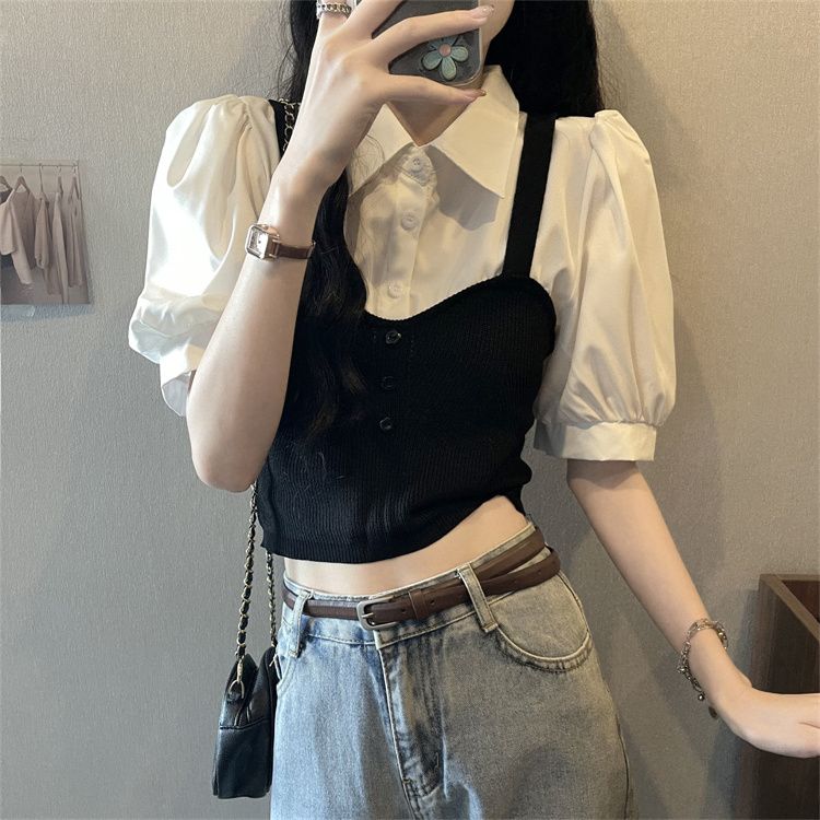 Retro Style Fake Two-piece Contrasting Small Shirt with Bubble Sleeves Spliced Knit Vest Shirt Women's Summer Polo Collar Top