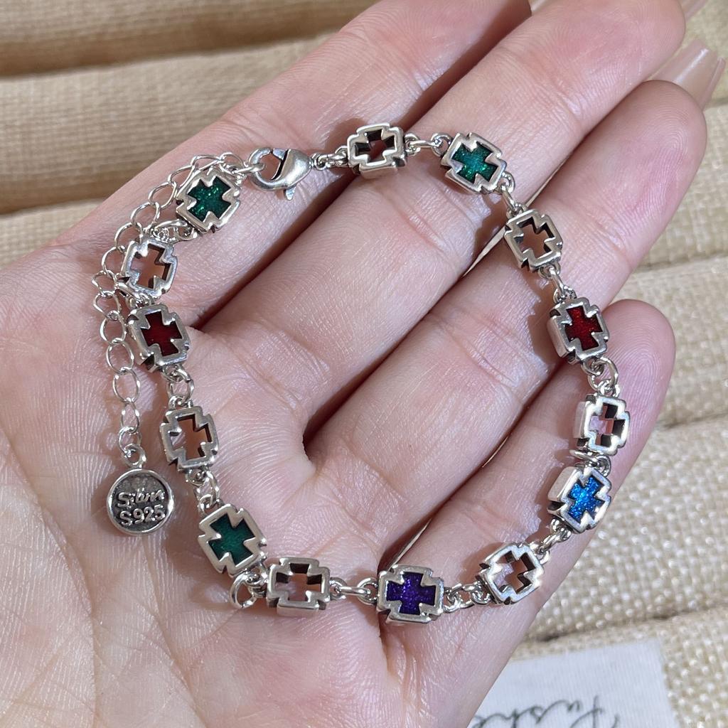 100% Solid 925 Sterling Silver Retro Bracelet for Women Men Vintage Handmade Cross CZ Rerto Bracelet Birthday Gift