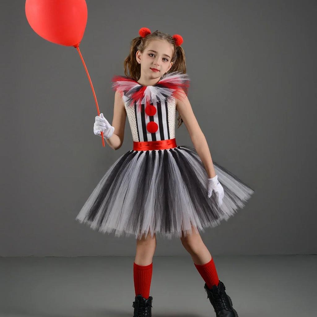 Костюм Клоуна-Убийцы для Девочек на Хэллоуин Платье для Переодевания Черно-Белое Страшный Ужасающий Джокер Пачка Платье Детская Маскарадная Карнавальная Одежда