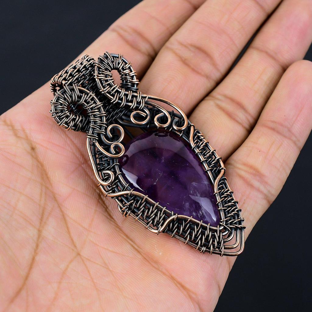 Gorgeous Amethyst Gemstone Pure Copper Wire Wrapped Handmade Pendant Jewelry