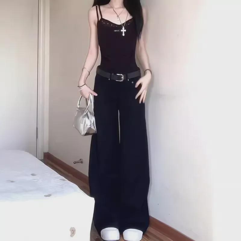 Женские джинсы High-End American Retro Black Wide-Leg - Заниженная талия, облегающий крой, драпировка, свободные, повседневные летние брюки