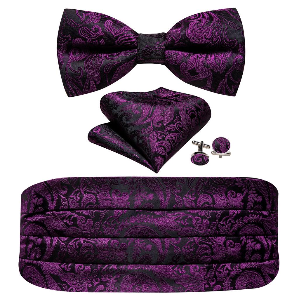 Barry.Wang Mens Cummerbund Belt and Bowtie Set Silk Pre Bow Tie Hanky Cufflink Set