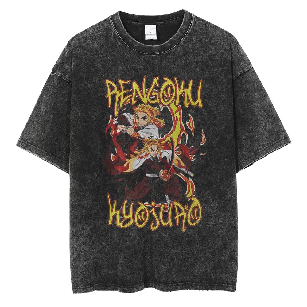 Hot Anime Demon Slayer Kokushibo Graphic Print Washed T Shirt Men Vintage Cotton Tshirts Manga Casual Tee Harajuku Male T-shirt