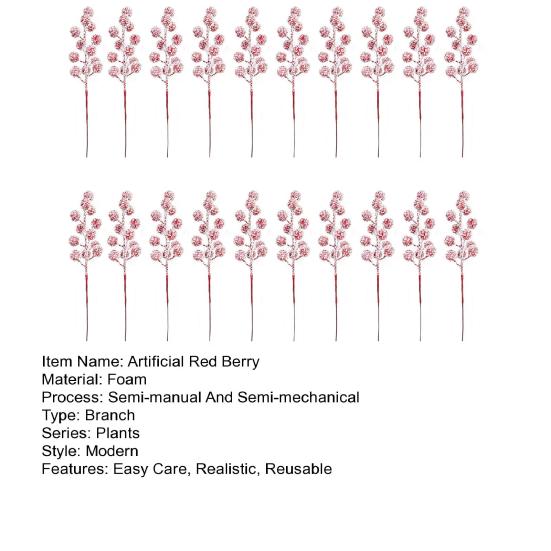 20 шт. Искусственный снег Красная ягода Веточка Рождественские ягоды падуба Стебель Искусственные растения Ветка Рождественский праздник Свадебная вечеринка Домашнее украшение