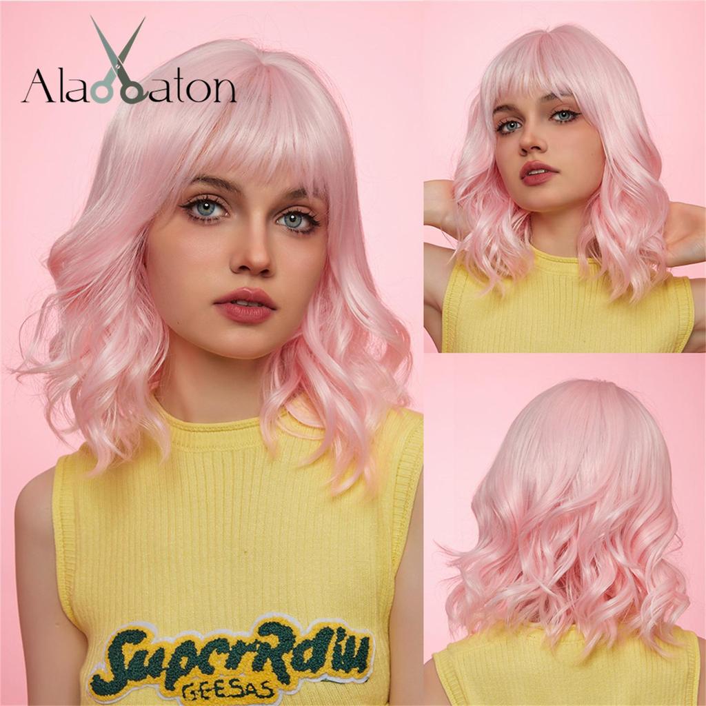 ALAN EATON Short BOB Synthetic WIGS Light Blonde Curly Wig with Bangs for Women Cosplay Daily Party Heat Resistant Fiber Wig