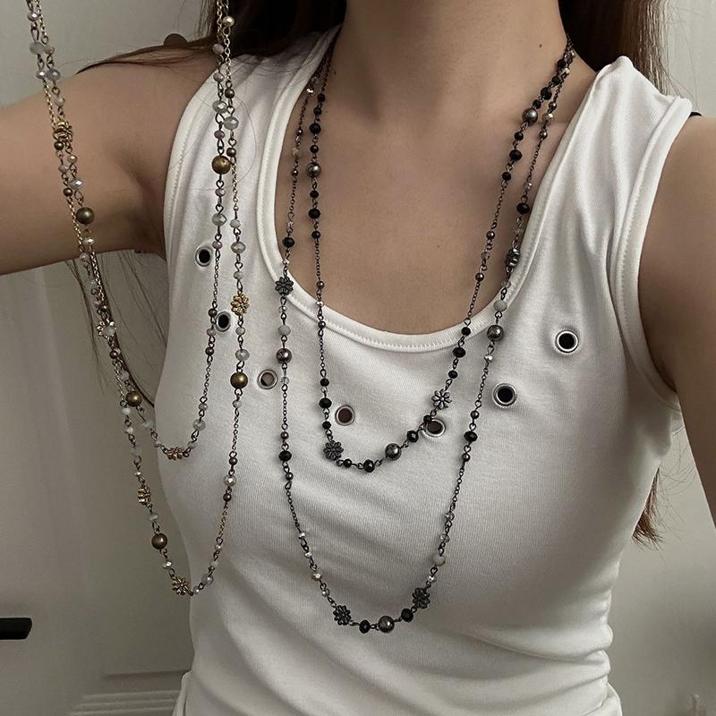 New Flower Glass Beaded Double Layered Stacking Chains Necklaces for Women Temperament Vintage Sweater High-end Fashion Jewelry