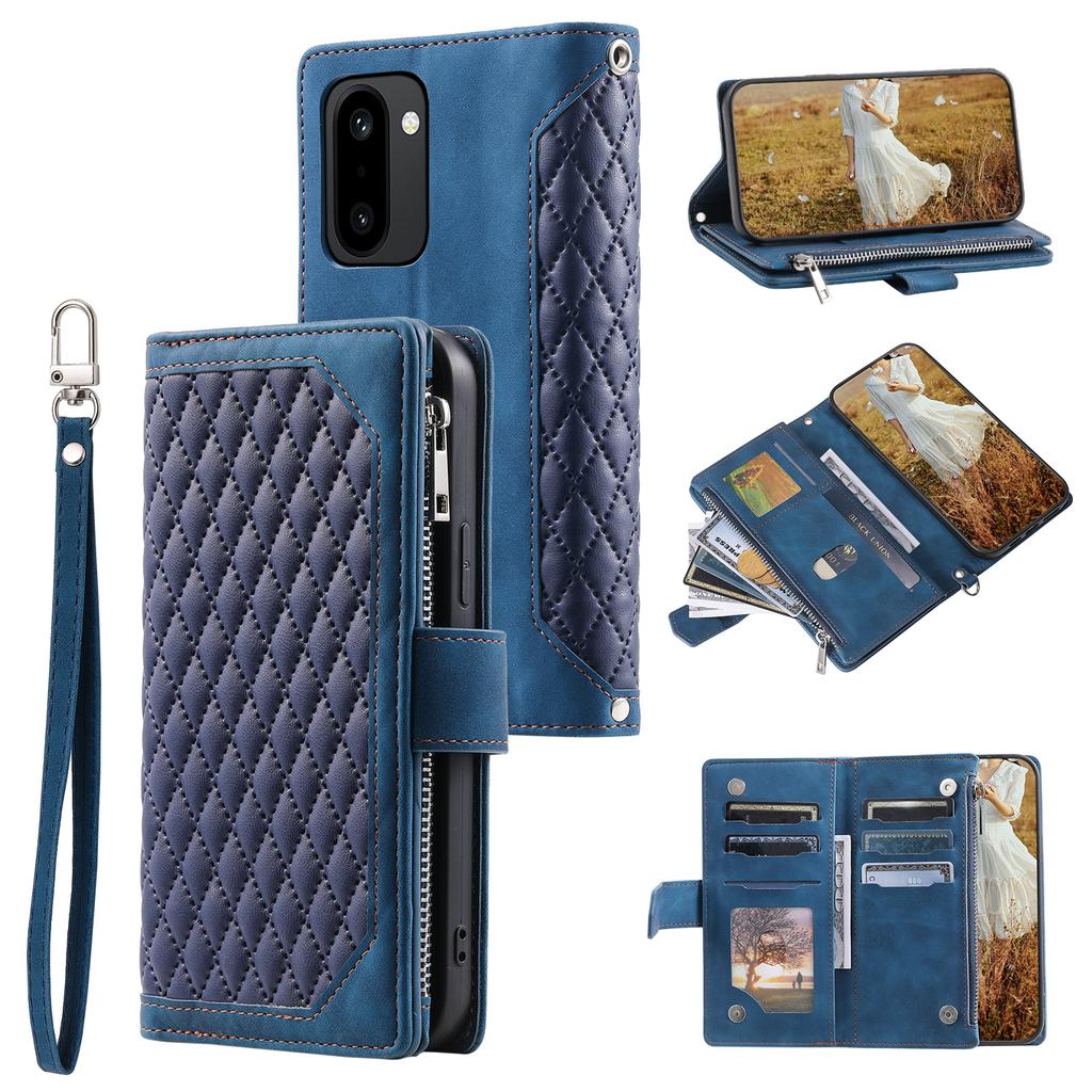For OnePlus 15R 5G Wallet Case Rhombus Stitching Line PU Leather Phone Cover with Wrist Strap