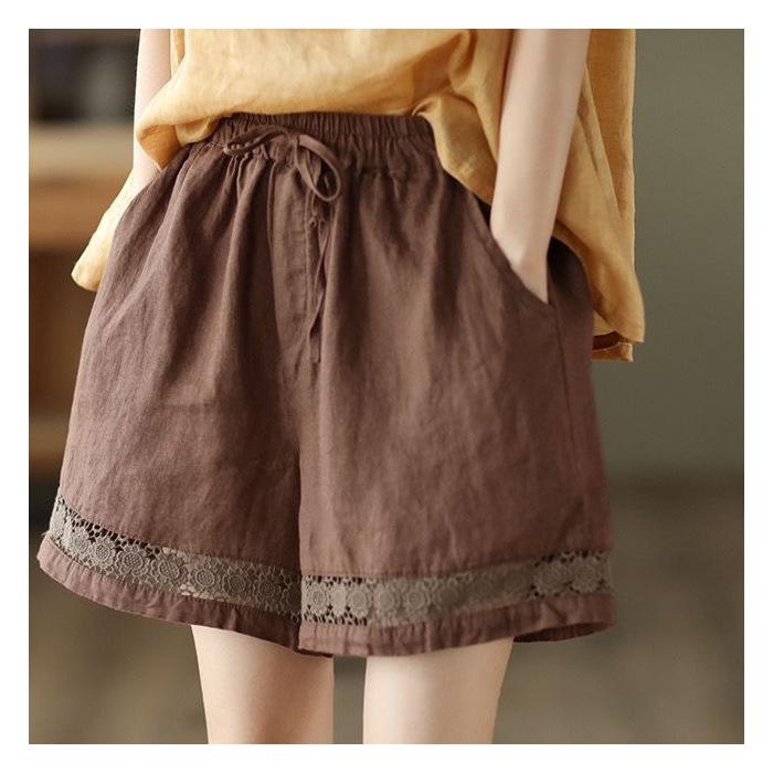 Повседневные однотонные льняные хлопковые кружевные цветочные летние шорты свободные эластичные талии бохо пляжная одежда шорты для женщин низ