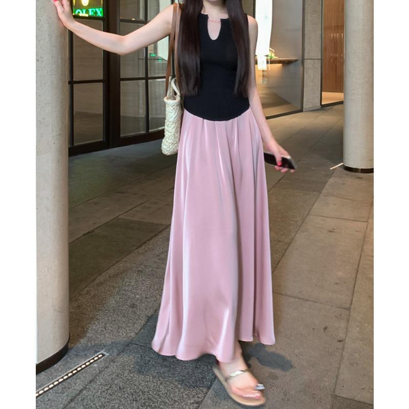 DX~~ Простой темперамент весной и летом, атласная юбка с драпировкой, высокая талия и узкая юбка.