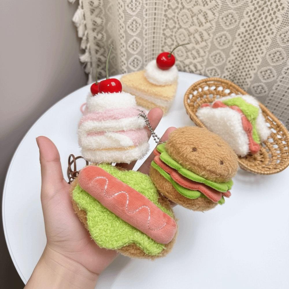 2pcs Kawaii Design Hamburger Keyring Plush Material Sandwich Keyring Cake Keyring Pendant Decor