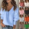 Autumn New Women's Long-sleeved T-shirt, Loose Fashion Women's V-neck Sweater Solid Color Blouse DL0449