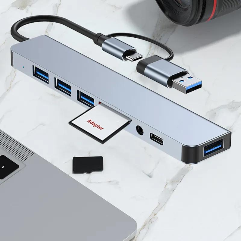 8 In 2 Type C Docking Station USB Splitter Adaptor USB C Hub 5Gbps High Speed Transmission USB 3.0 2.0 3.5 Audio Jack SD/TF Card Reader OTG Adapter