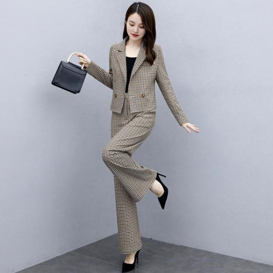 2 Pcs/Set Women Coat Pants Set Lapel Buttons Cardigan Plaid Print Long Sleeve Jacket Wide Leg High Waist Straight Trousers Lady Formal Commute Outfit