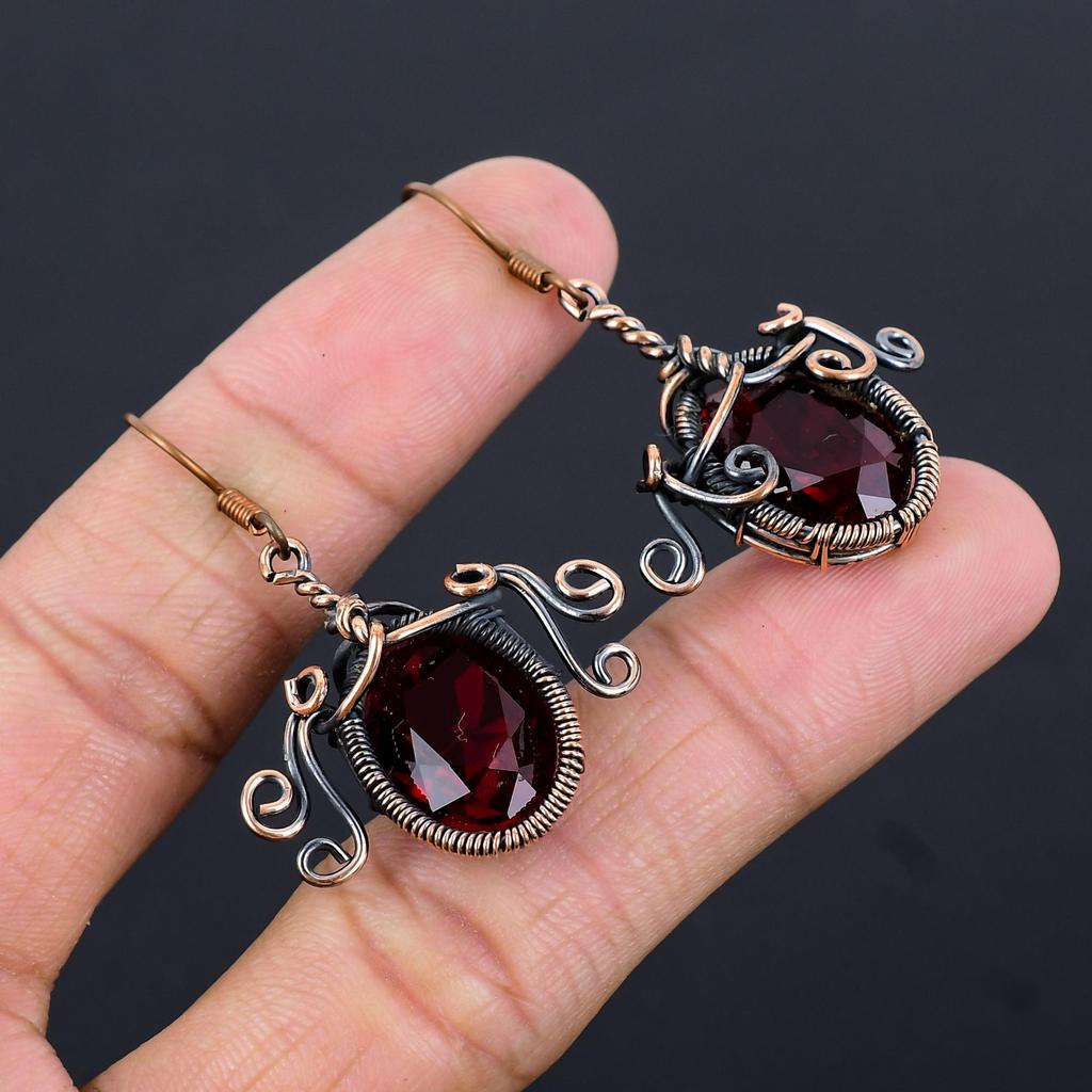 Garnet Jewelry, 999 Copper Wire Wrapped Earrings, Handmade Gemstone Jewelry Earrings For Memorial Day