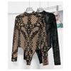 Women's Lace Sheer V Neck Long Sleeve T Shirts Tops Bodysuit Jumpsuit Bodycon Rompers Fall Clothes Clubwear Bodysuits