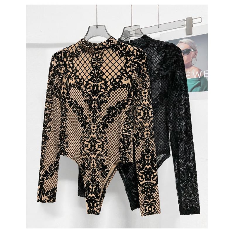 Women's Lace Sheer V Neck Long Sleeve T Shirts Tops Bodysuit Jumpsuit Bodycon Rompers Fall Clothes Clubwear Bodysuits