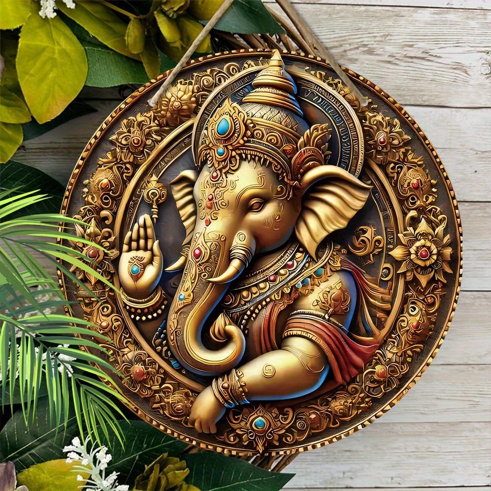 Wooden Ganesha Wall Hanging, Classic 2D Elephant-Headed God with Floral Design, for Door, Wall, Home, Room, Farmhouse, Street, Shop, Garage, Garden