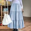 Yousheng Women Maxi Skirt Elastic Waist Adjustable Drawstring Ruffle Stitching Ankle Length Skirt Solid Color A-Line Breathable Long Skirt