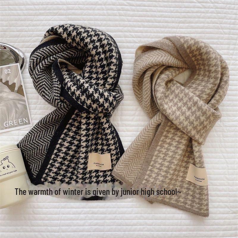 Women's Winter Warm Houndstooth Wool Scarf - Korean Style Versatile Knit for Autumn and Winter
