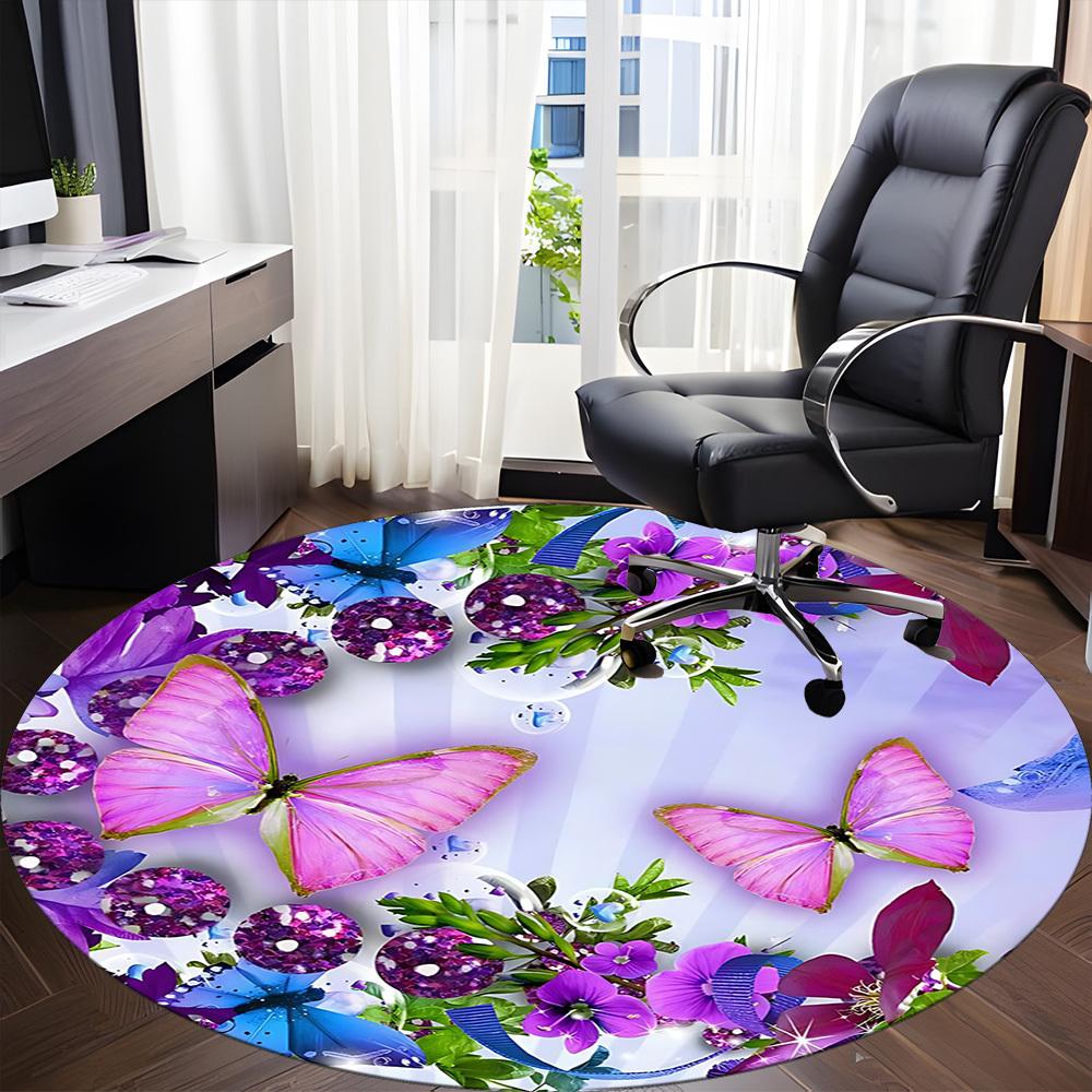 1pc Butterfly Flowers Office Round Rug, Carpet for Office, Gaming, Lightweight Round Floor Mat yy260205017