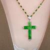 2023 Imitation Jade & Diamond Cross Pendant Necklace, Green Gold-Plated