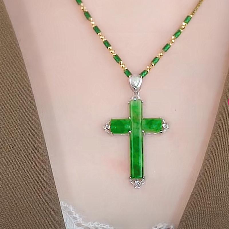 2023 Imitation Jade & Diamond Cross Pendant Necklace, Green Gold-Plated