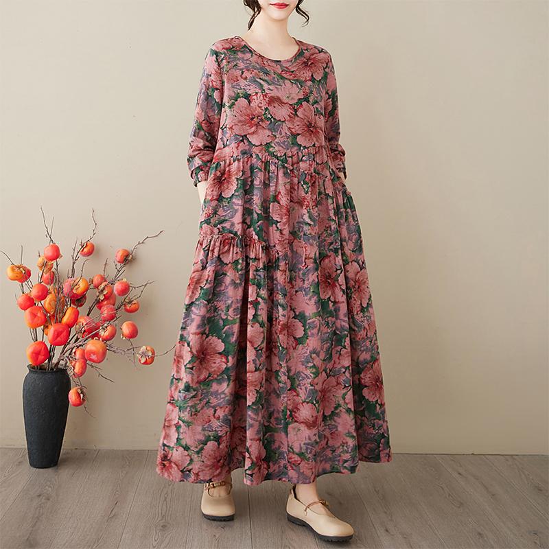 DIMANAF 2025 Женское длинное весеннее платье больших размеров Повседневное платье Свободное цветочное базовое хлопковое льняное винтажное макси с длинным рукавом