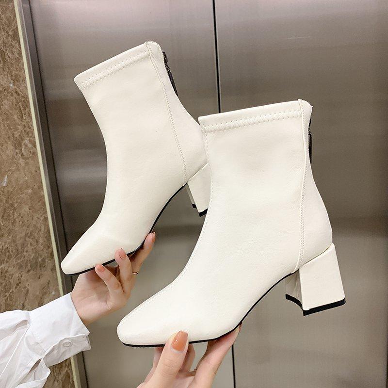 Женские однотонные модные туфли на высоком каблуке с застежкой-молнией сзади Модные ботинки Высокие ботинки Кожаные туфли Ботинки средней высоты Женская обувь