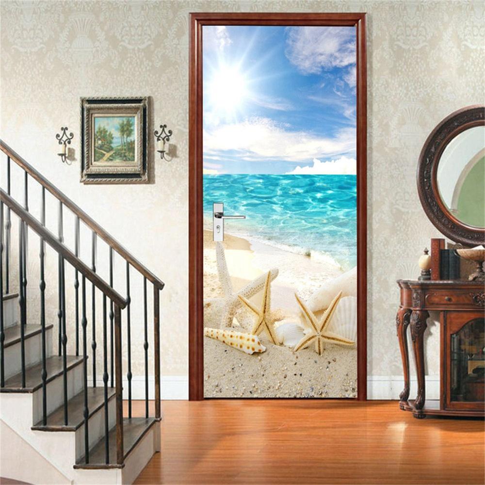 3d дверная наклейка, зеленые пальмовые растения, обои, самоклеящиеся, для входа, для дома, спальни, декоративные винилы, абстрактные линии, пейзажный постер