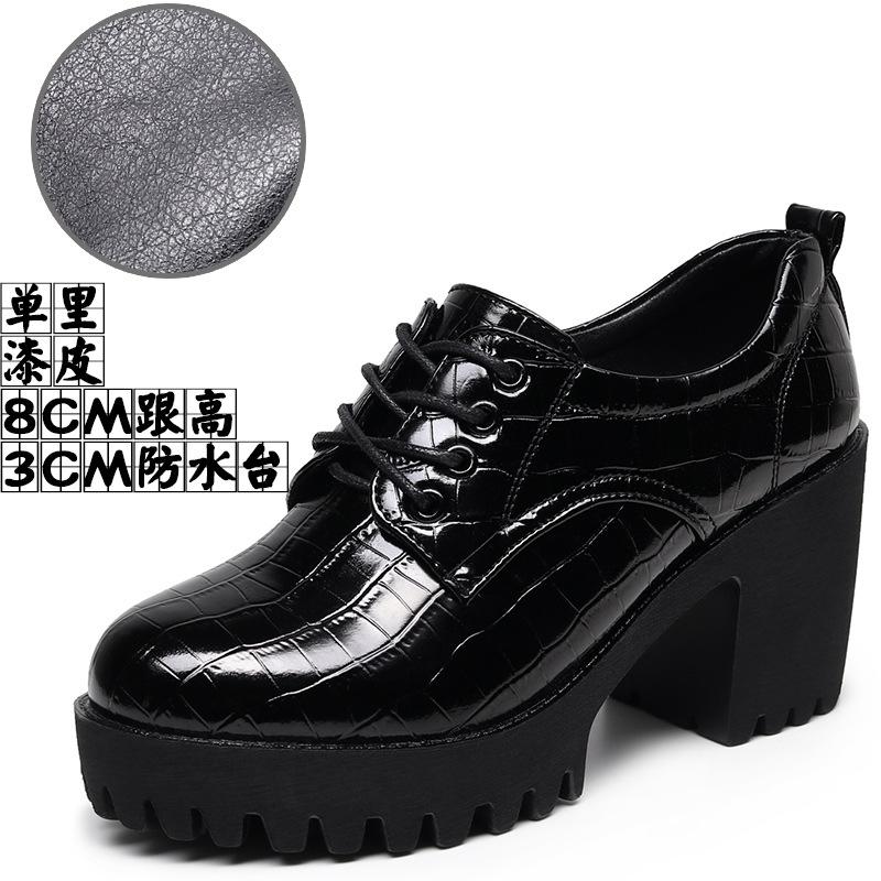 8cm Small Size 32-43 Deep Mouth Women's Block Square Heels Shoes Platform 2025 Fall Winter Bright Leather Oxfords Office Mom