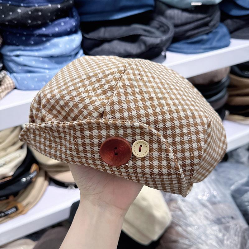 Осень новая нишевая клетчатая беретка с пуговицей женское лицо маленькая облачная шляпа художника модная с высоким чувством