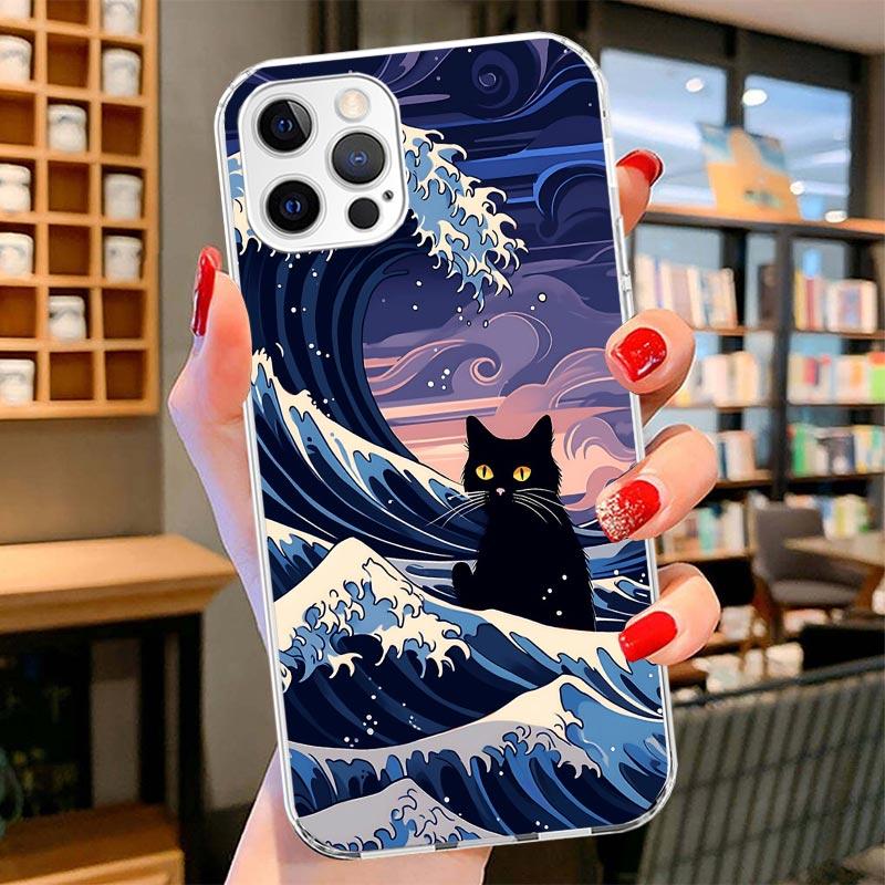 Аниме Кот Морская Волна Эстетичный Чехол для Телефона Для iPhone 16 17 Air 15 14 Pro Max 16E Чехол для Телефона 13 Mini 12 11 7 SE 8 Печать Patte