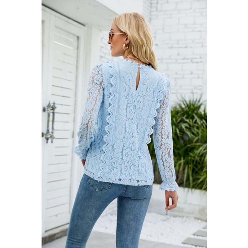 Весенне-осенняя женская блузка с длинными рукавами, однотонная, с ажурным кружевом, сексуальный трикотажный топ