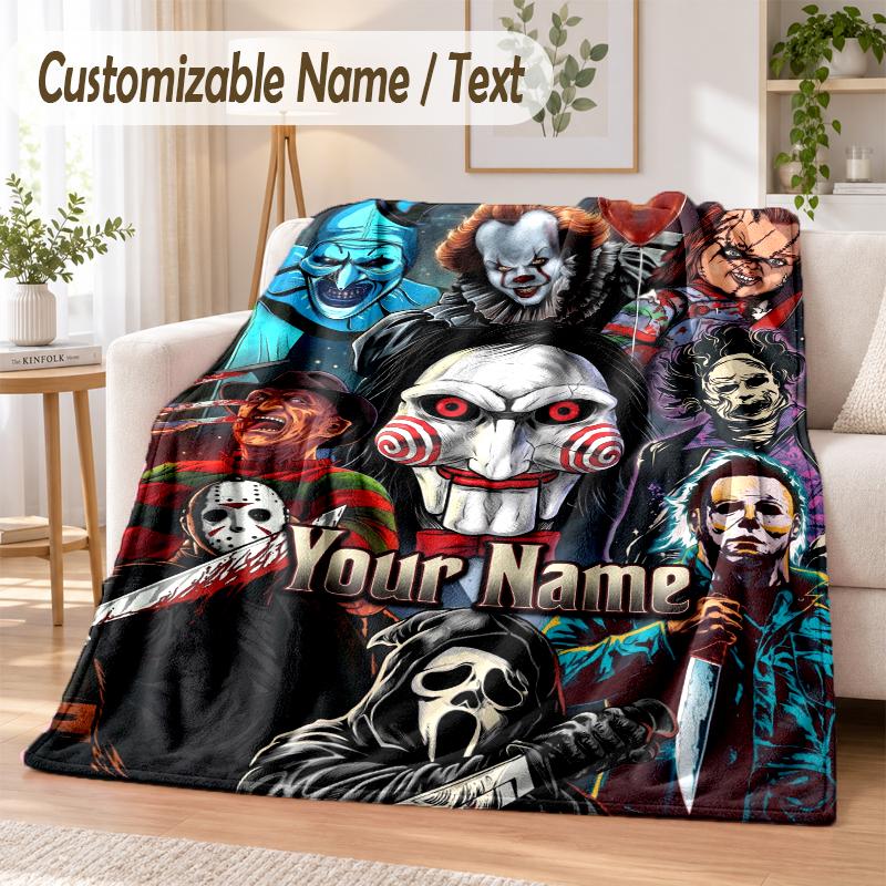 Terrifier Art the Clown Custom Name Flannel Throw Blanket Soft Warm for Sofa Bed Indoor Home Use