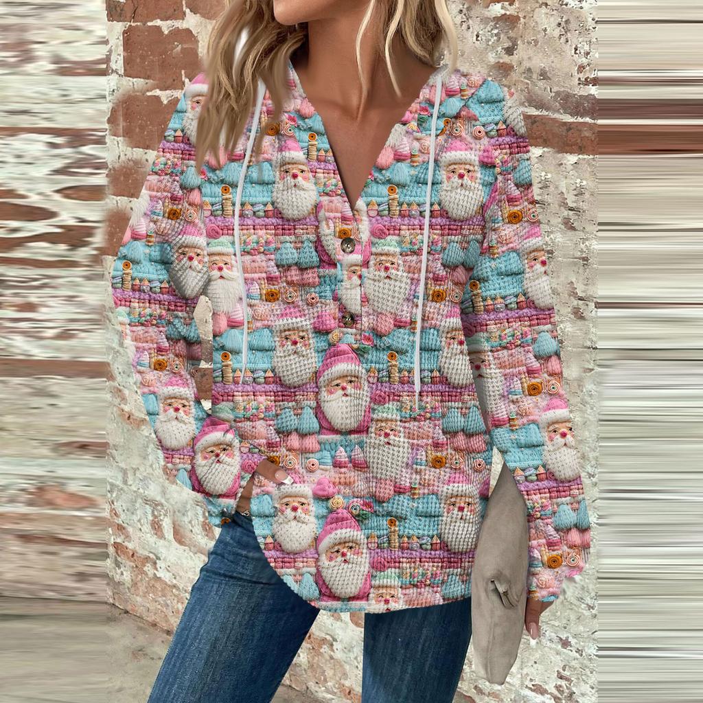 Женская мода с длинным рукавом, завязками на шнурке, капюшоном, пуговицами, V-образным вырезом, повседневная толстовка с капюшоном и рождественским принтом