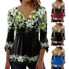 Women T-Shirt V-neck 3/4 Sleeve Pullover Tops Floral Print Lightweight Breathable Casual Tops Streetwear