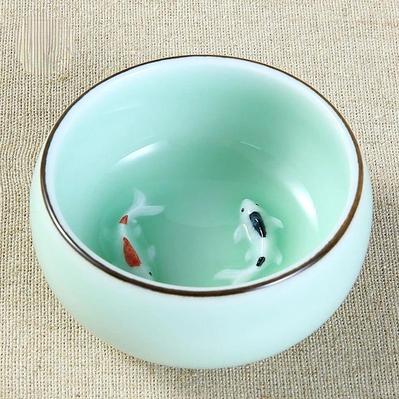 Chinese Longquan Celadon Porcelain 1pcs Tea cup,China Teacups and SaucerTea Bowl Golden Fish 60ml China Tea Pot Celadon Teacups