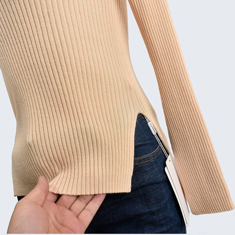 50% Woolen Sweater Gyaru High Lapel Hollow Rib Split Knit Sweater Long Sleeve Soft Glutinous High Elastic Base Women Clothes