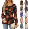 Рубашки с длинным рукавом для женщин, милые принты, графические футболки, блузки, нарядные повседневные блузки, плиссированные туники с круглым вырезом, топы на Хэллоуин