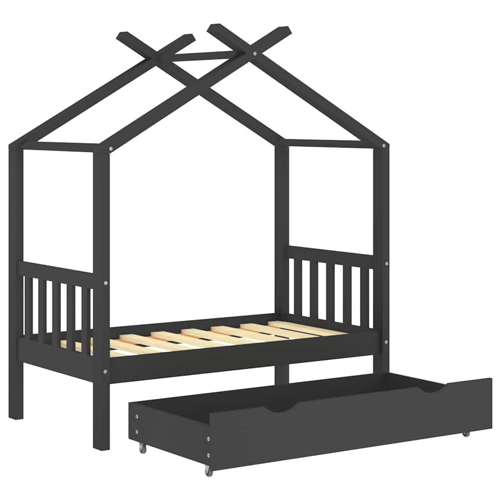 Kids  Bed with Drawer Dark Grey Solid Pine Wood 70 x 140 cm