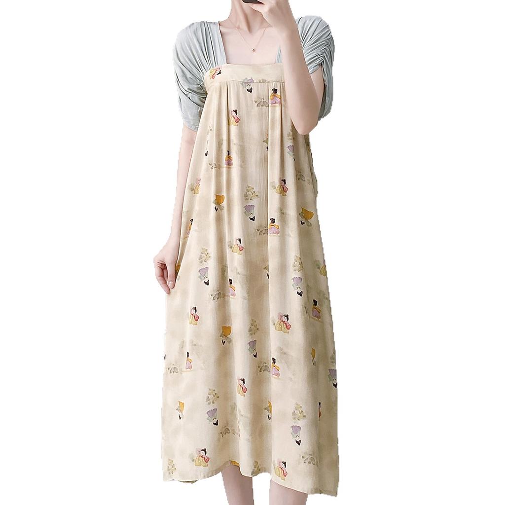 French nightdress women's summer short-sleeved cotton and silk loose large size can be worn outside loungewear set summer pajamas retro long dress