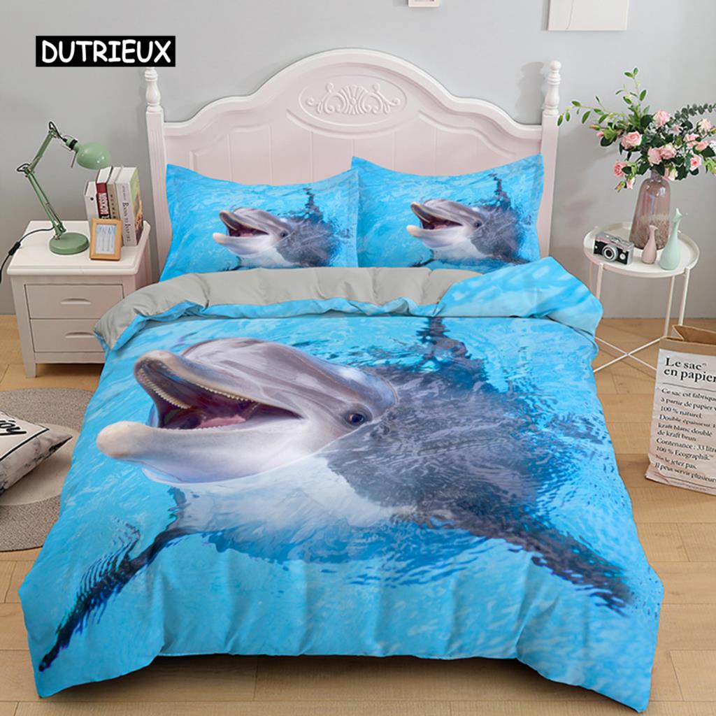 3D дельфин в синем море Queen King Size комплекты постельного белья Animal Single Quilt Duvet Cover Set Детская кровать для взрослых Полиэстеровое постельное белье