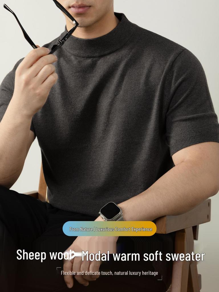 Итальянская легкая роскошь Мужская шерстяная короткорукавная вязаная футболка с высоким воротником для поездок на работу и повседневной носки Осень/Зима