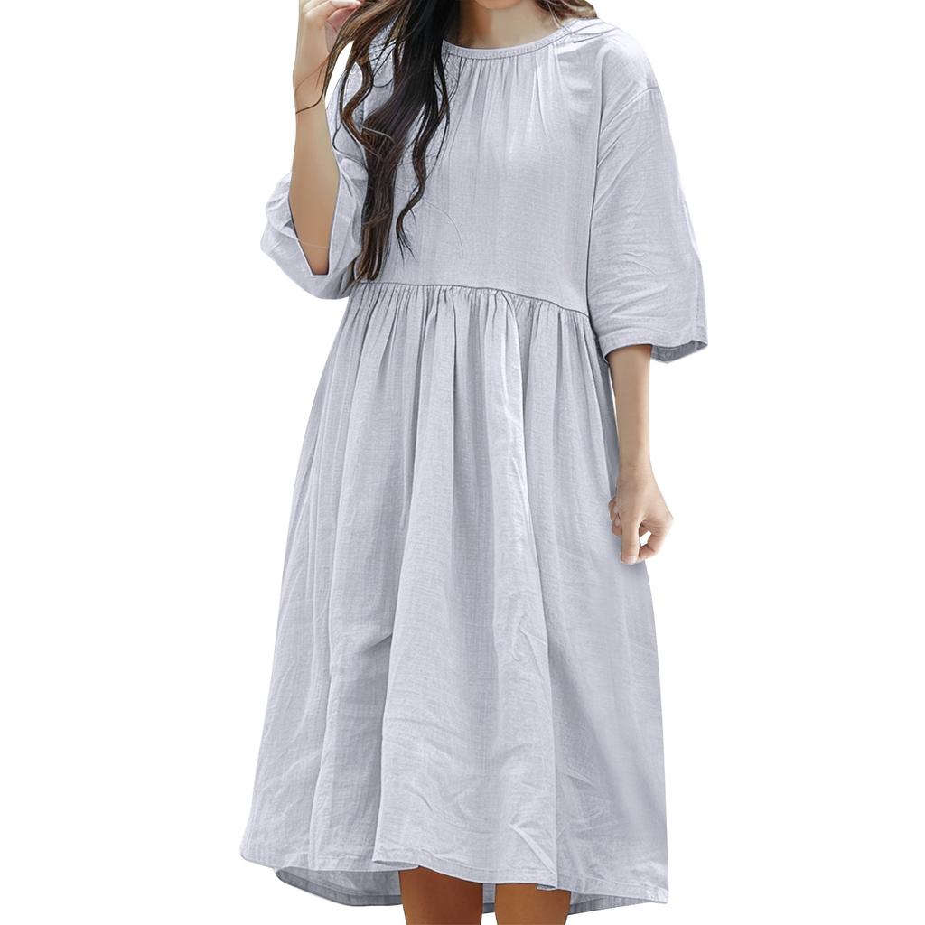 Women's Summer Solid Color Short Sleeved Pleated Round Neck Large Hem Dress