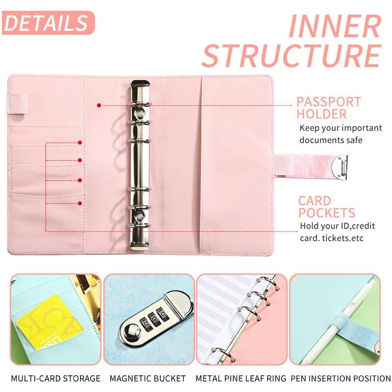 A6 Laser Coded lock PU Clip-on Notebook Кожаная обложка для блокнота с отрывными листами Блокноты Журнал Kawaii Канцелярские принадлежности